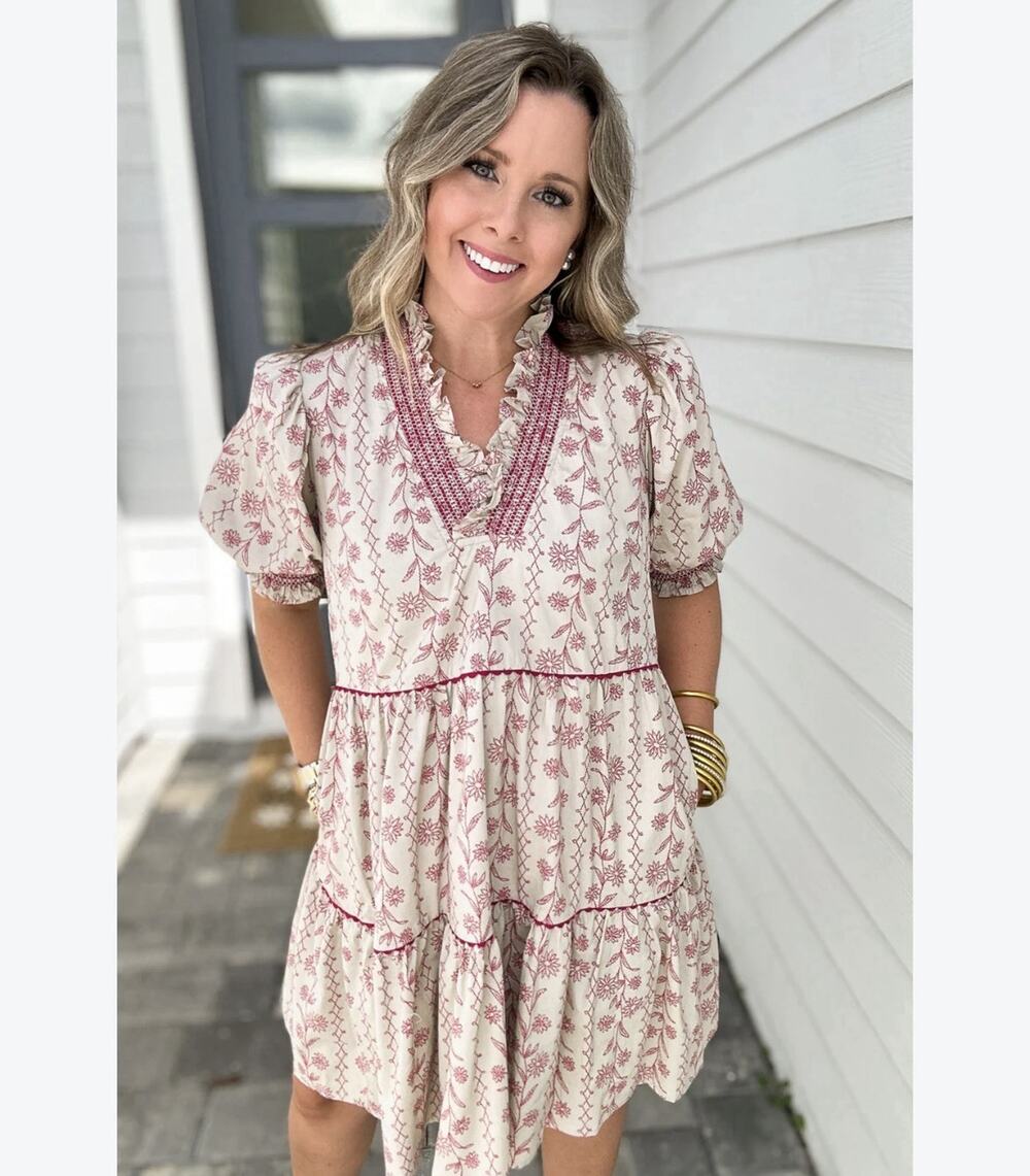 NWT Entro Womens L Polly Printed Mini Dress Floral Puff Sleeve Tiered Pockets
